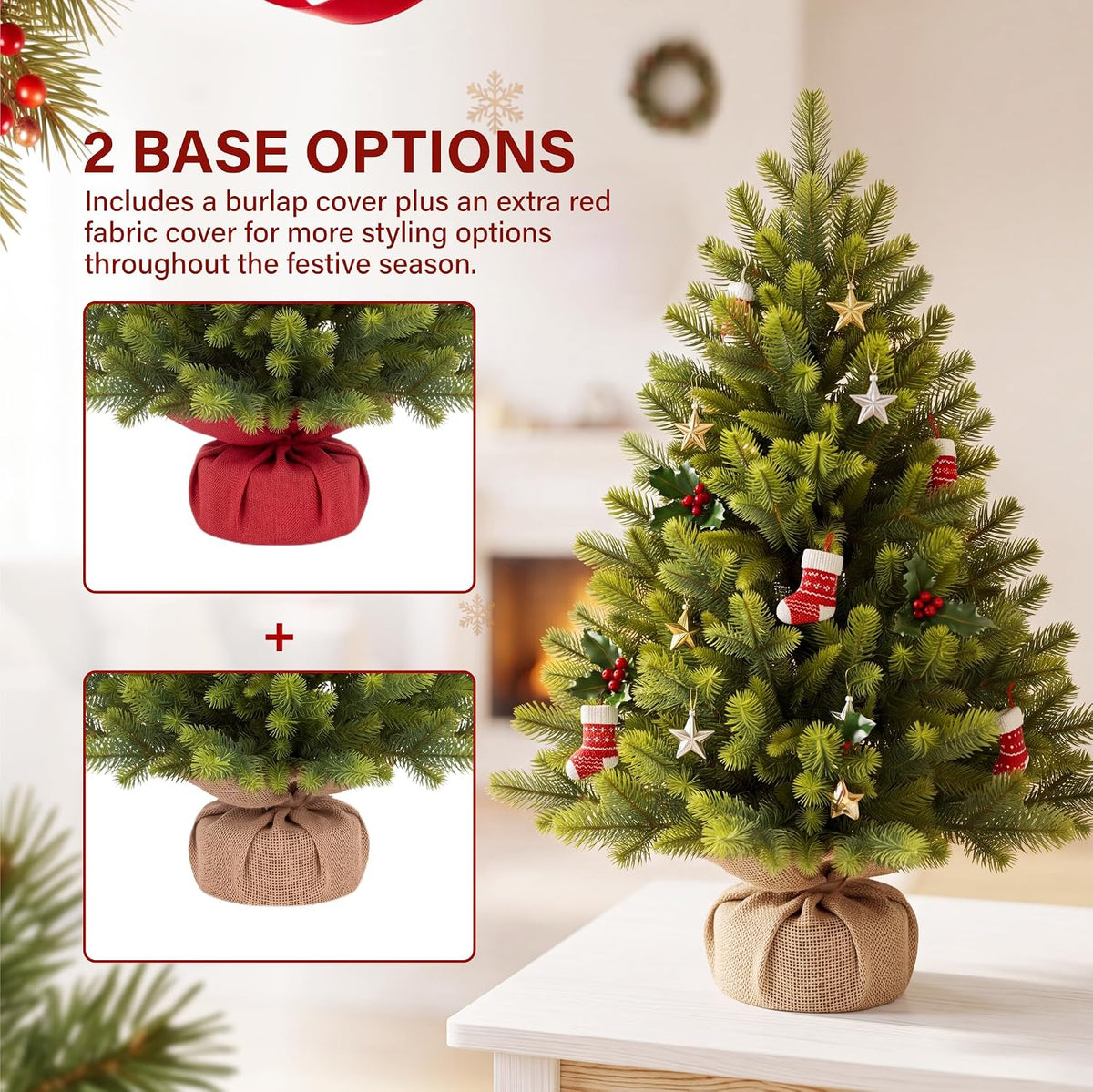 2ft/3ft Artificial Mini Christmas Tree PE Realistic Bushy Green Tabletop Xmas