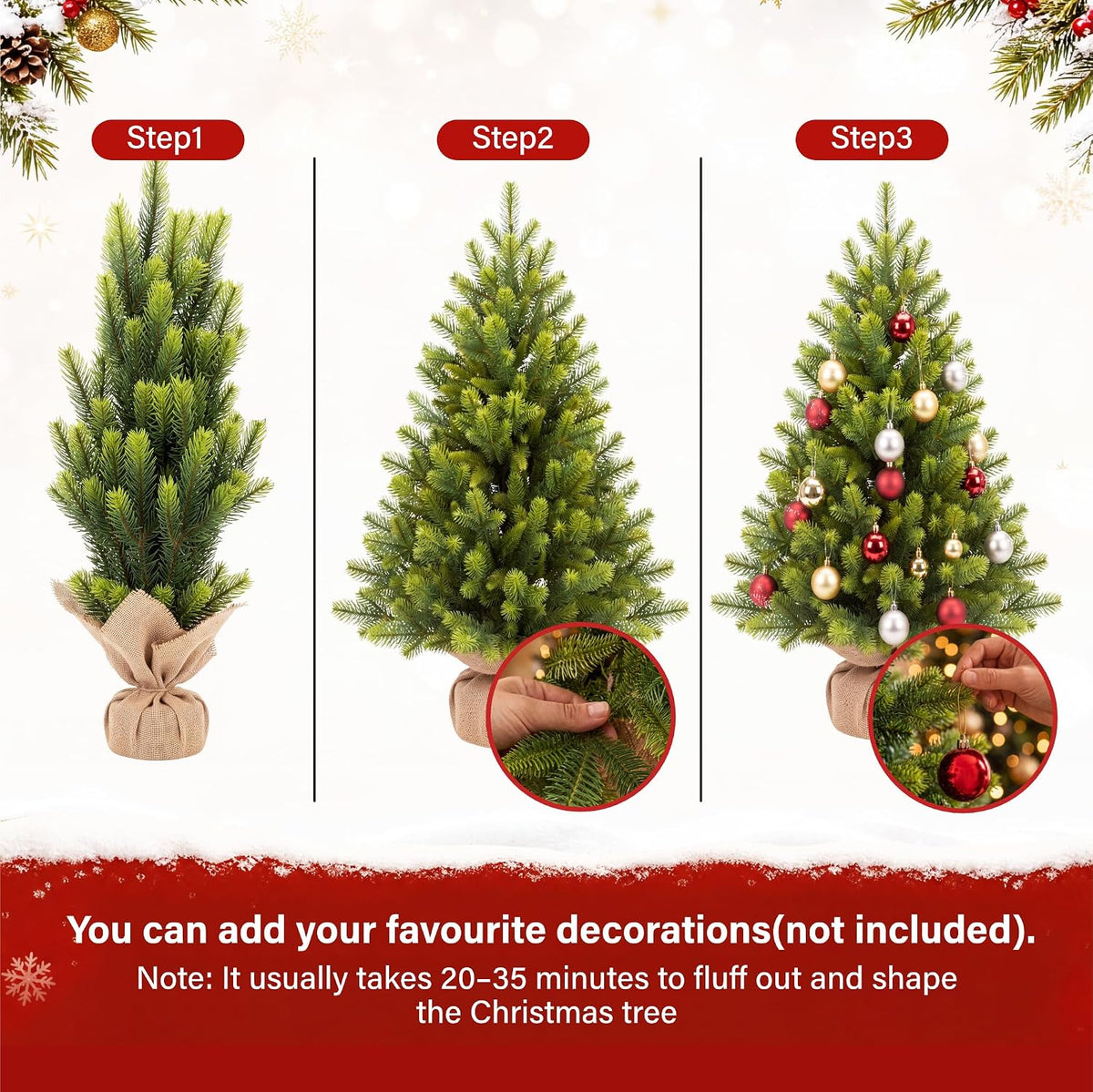 2ft/3ft Artificial Mini Christmas Tree PE Realistic Bushy Green Tabletop Xmas