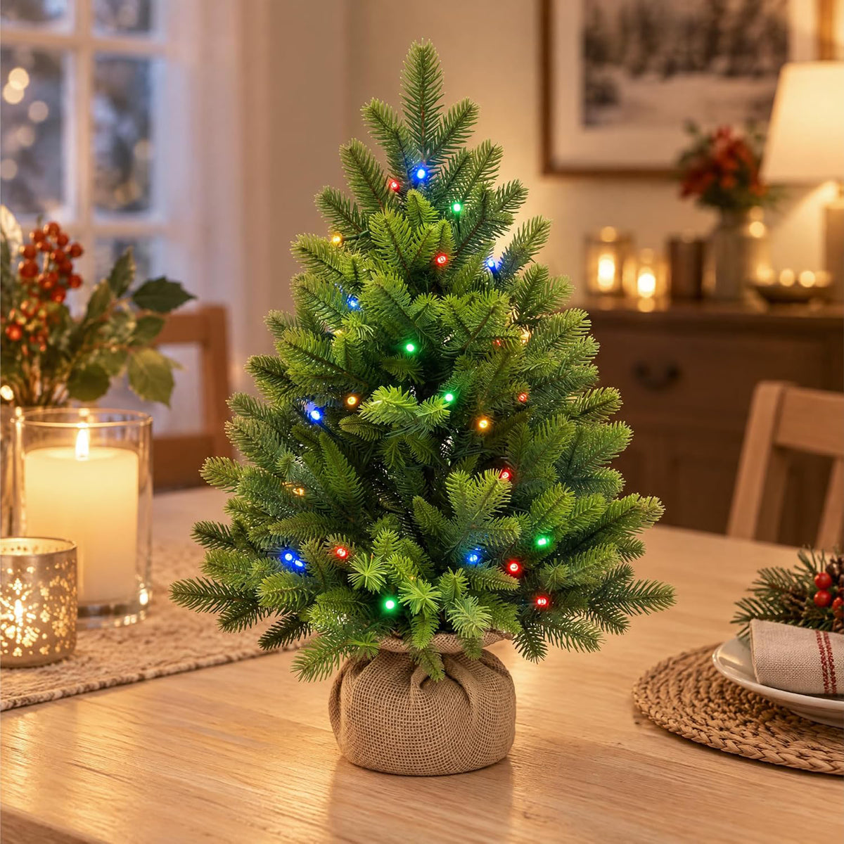 2ft/3ft Pre Lit Mini Christmas Tree LED 12 Light Modes Realistic PE Xmas Decor