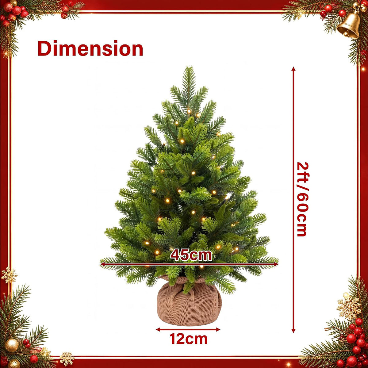 2ft/3ft Pre Lit Mini Christmas Tree LED 12 Light Modes Realistic PE Xmas Decor