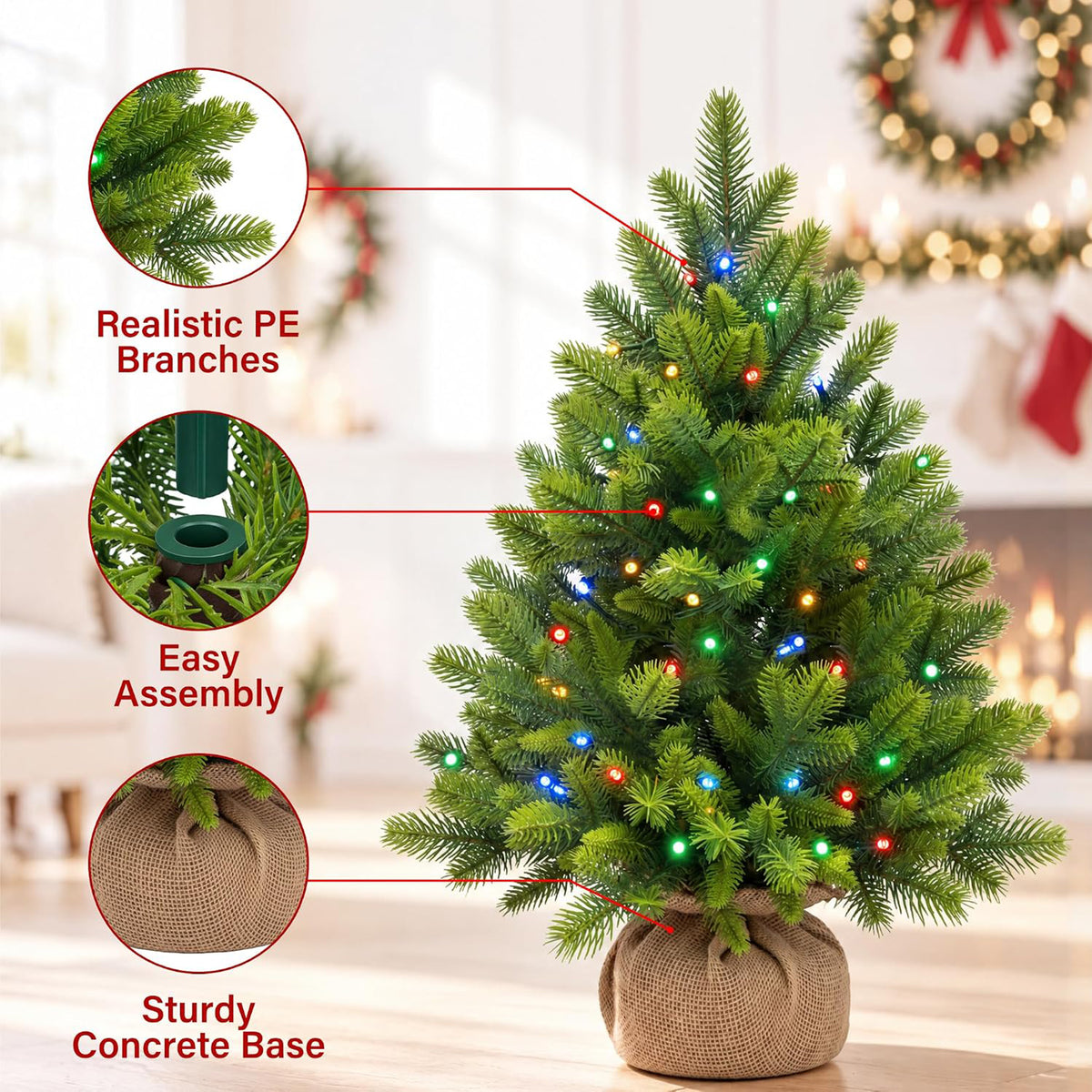 2ft/3ft Pre Lit Mini Christmas Tree LED 12 Light Modes Realistic PE Xmas Decor