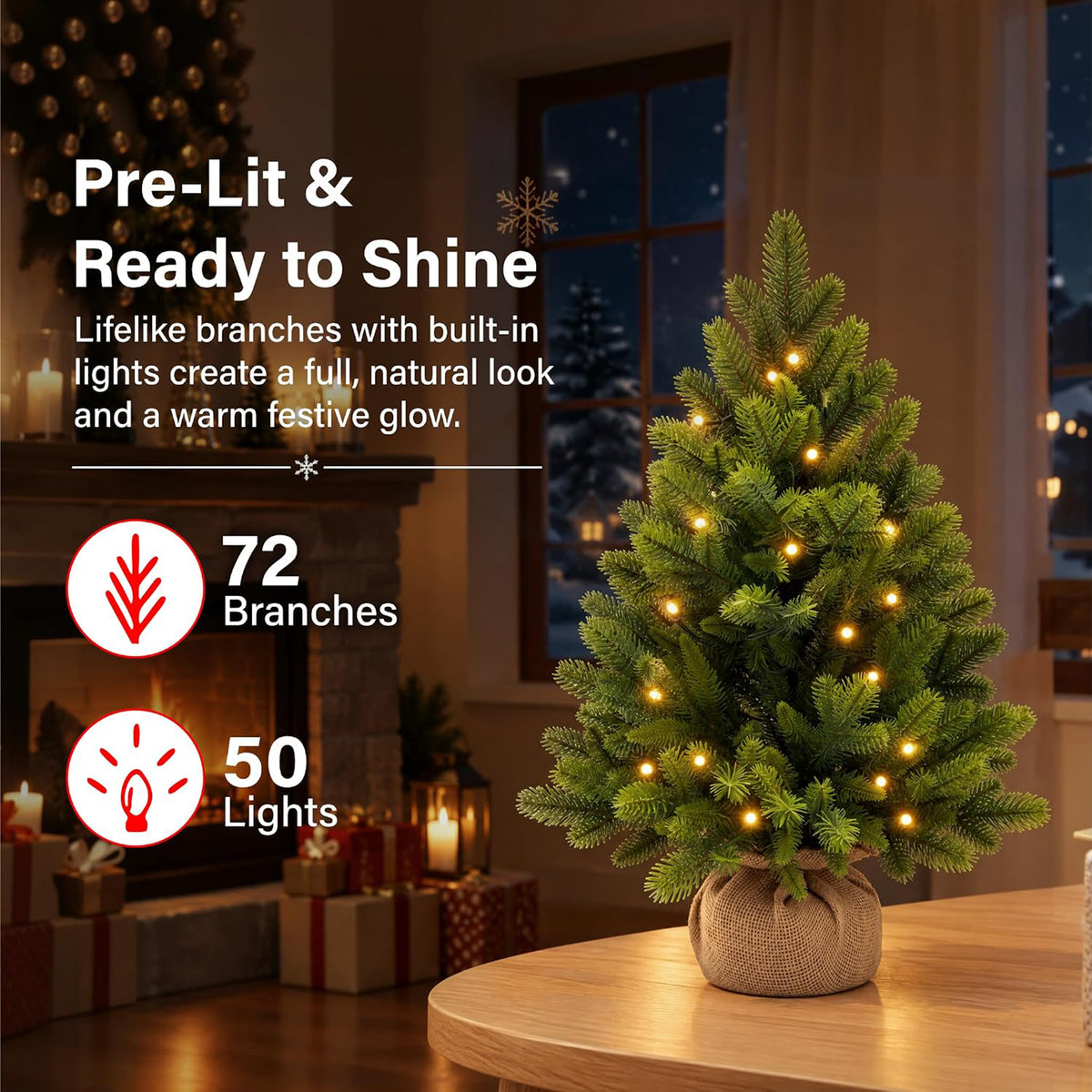 2ft/3ft Pre Lit Mini Christmas Tree LED 12 Light Modes Realistic PE Xmas Decor