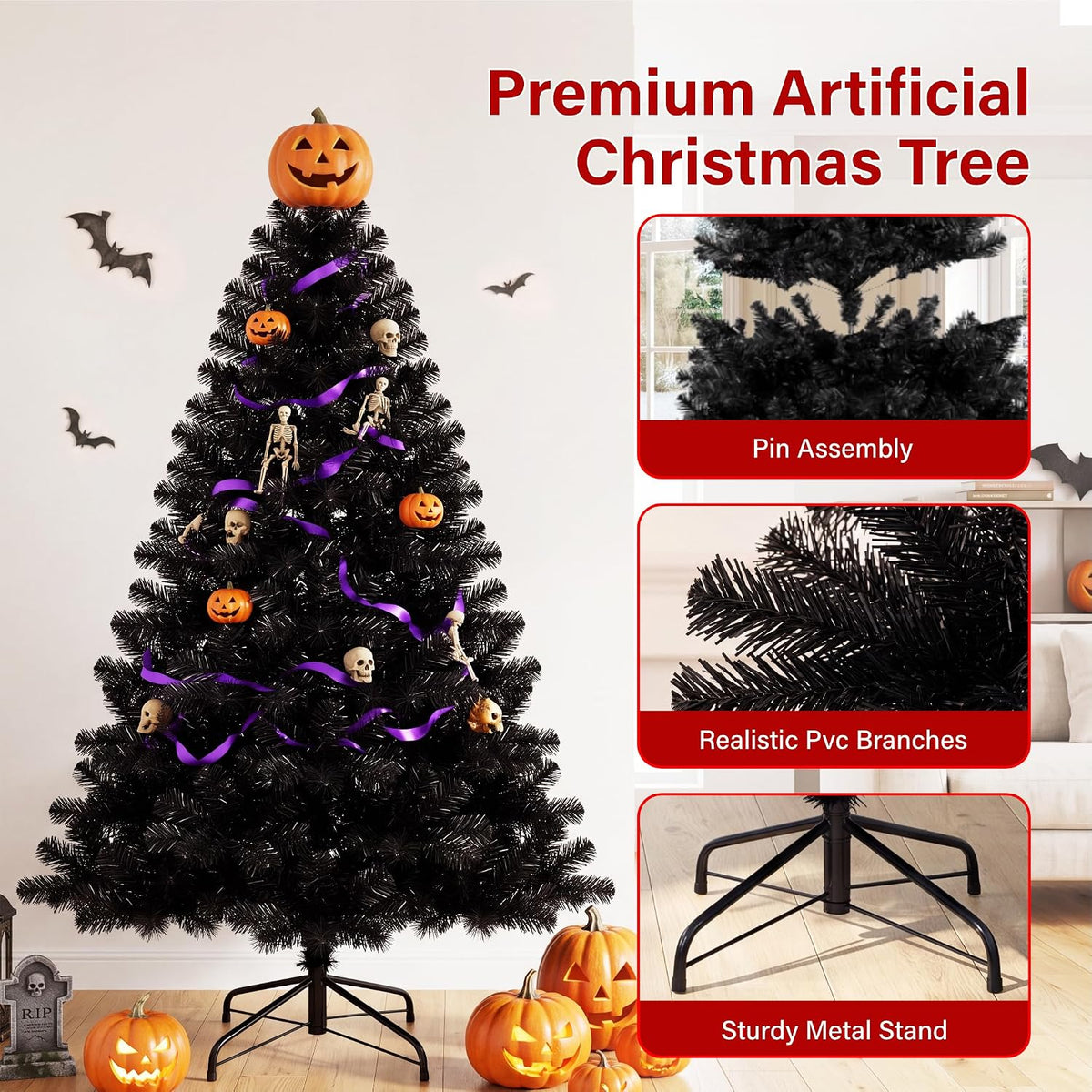 6ft Black Artificial Christmas Tree 800 Tips Halloween Xmas Tree Indoor Decor