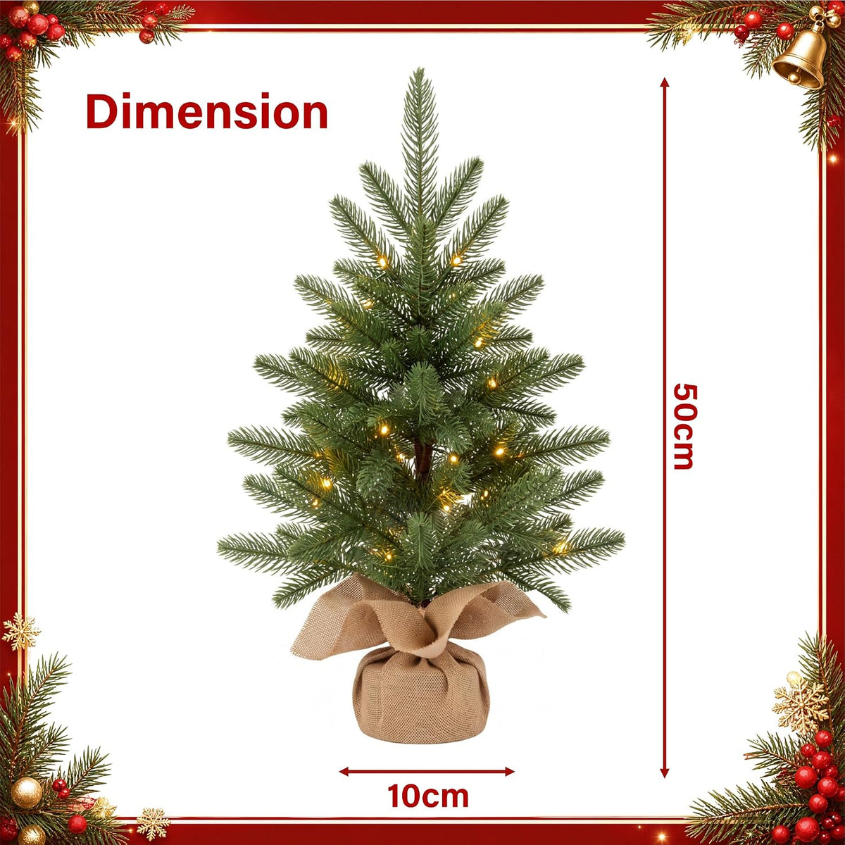 50cm Pre-Lit Artificial Christmas Tree 100% PE Realistic Tabletop Xmas Tree