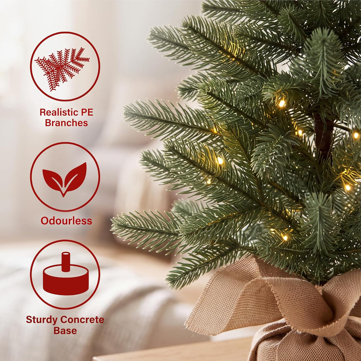 50cm Pre-Lit Artificial Christmas Tree 100% PE Realistic Tabletop Xmas Tree