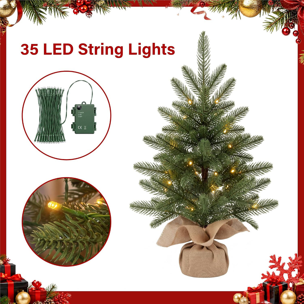 50cm Pre-Lit Artificial Christmas Tree 100% PE Realistic Tabletop Xmas Tree