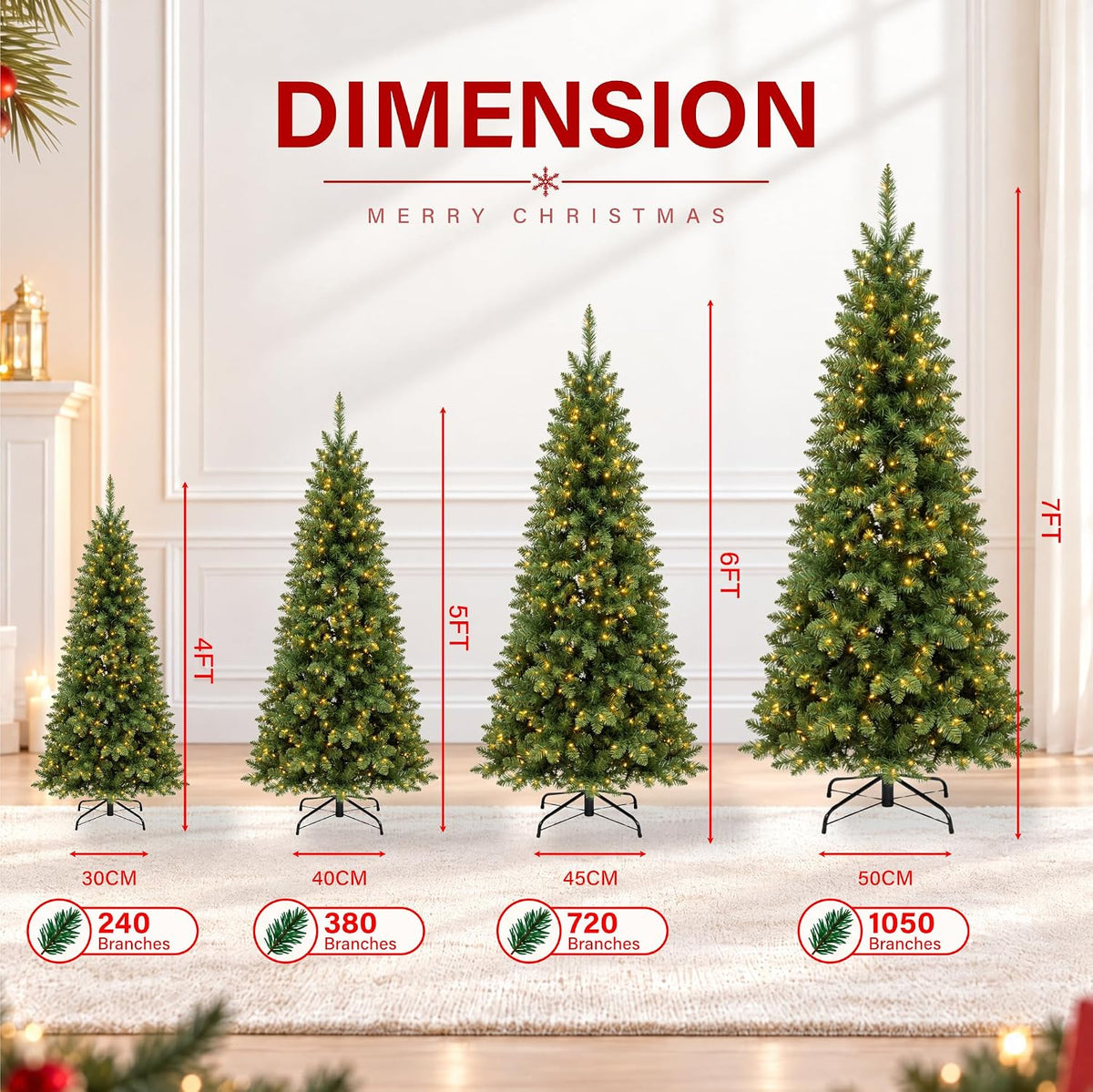 4ft/7ft Pre-Lit Pencil Christmas Tree with 120 LED Lights 240 PVC Branch Tips