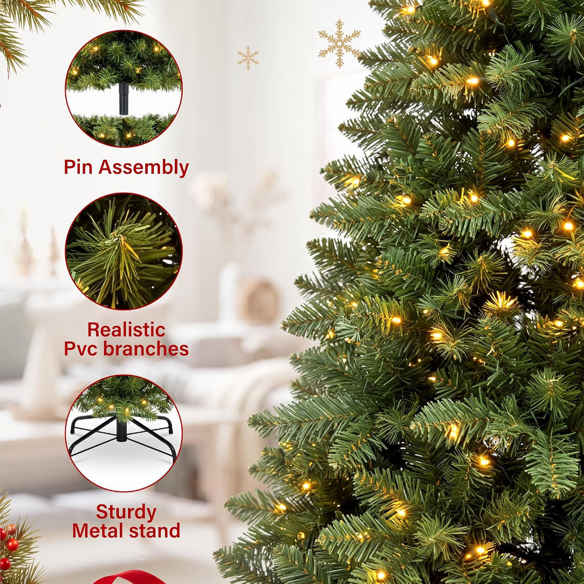 4ft/7ft Pre-Lit Pencil Christmas Tree with 120 LED Lights 240 PVC Branch Tips