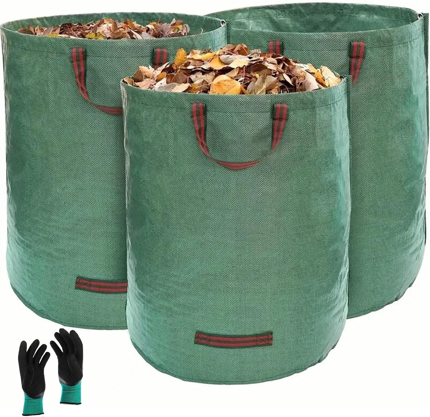 3pcs Heavy Duty Garden Waste Bags with Gloves 272L Green Reusable Storage Trash