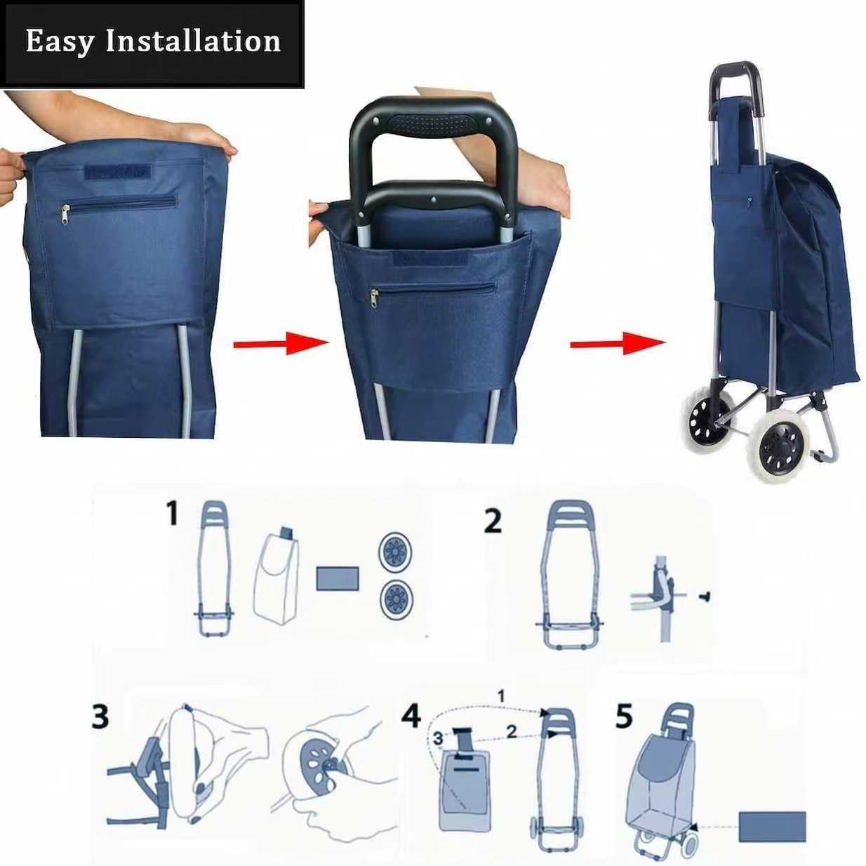 59L Folding Lightweight Shopping Trolley Cart Foldaway 2 Wheels Luggage Bag Blue
