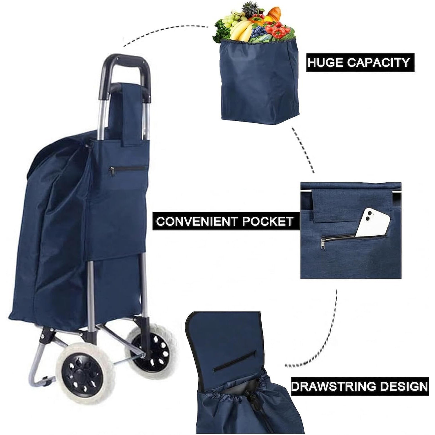59L Folding Lightweight Shopping Trolley Cart Foldaway 2 Wheels Luggage Bag Blue