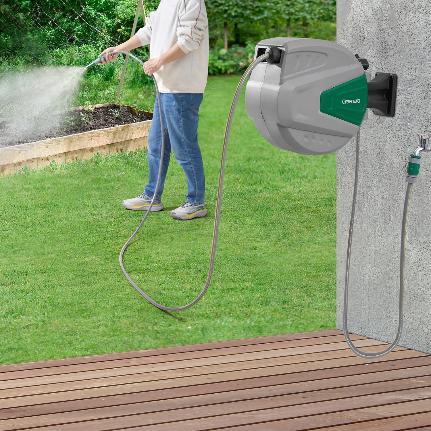 Wall Mounted Garden Hose Reel Retractable Pipe Auto Rewind System 180° Swivel