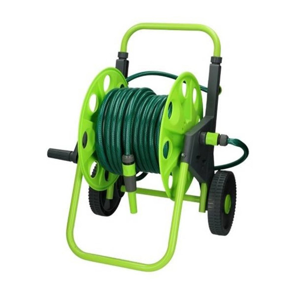 30m Hose Reel Cart Trolley Spray Garden Hosepipe Adjustable Handle Nozzle Wheel