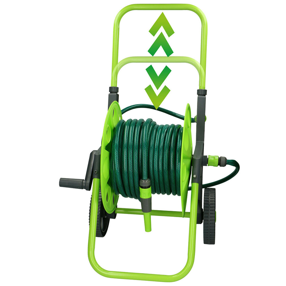 30m Hose Reel Cart Trolley Spray Garden Hosepipe Adjustable Handle Nozzle Wheel