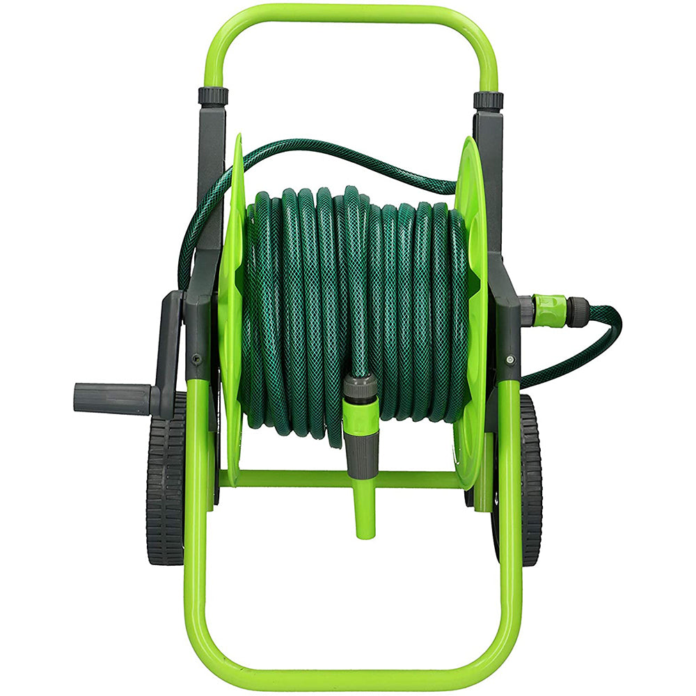 30m Hose Reel Cart Trolley Spray Garden Hosepipe Adjustable Handle Nozzle Wheel