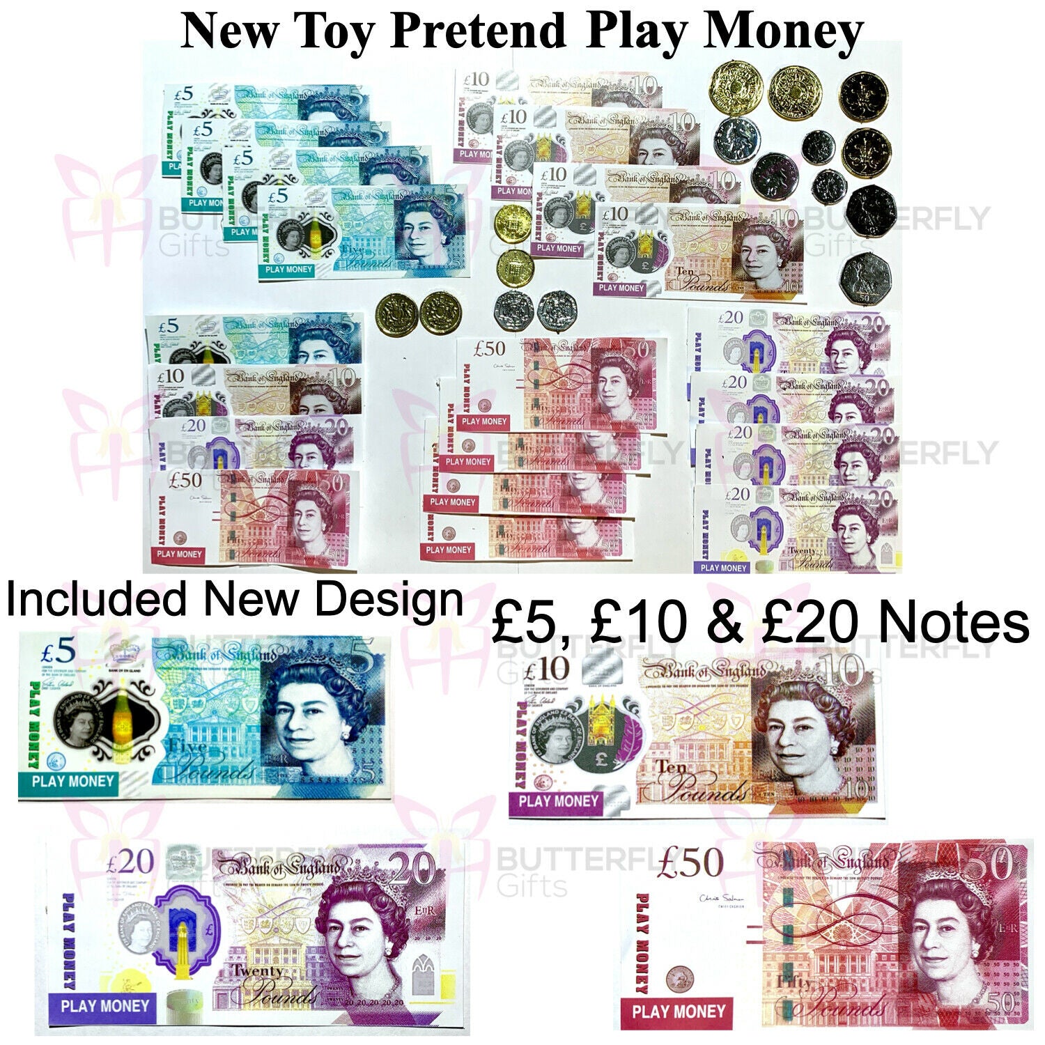 Childrens Kids Pretend Toy Fake Money Role Shops Cash New Notes £ Coins Age 3+