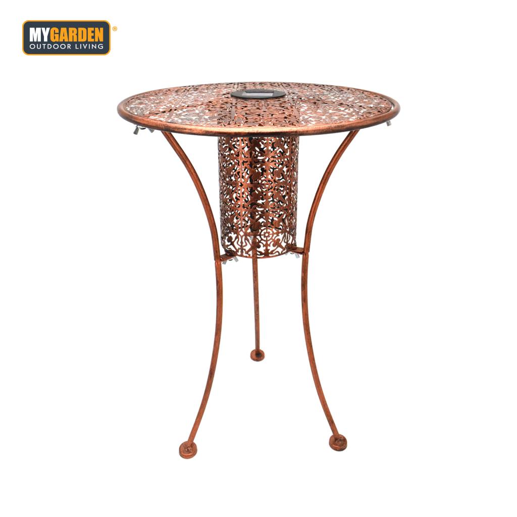 Metal Round Filigree Silhouette Garden Patio Bistro Table With Solar LED Lights