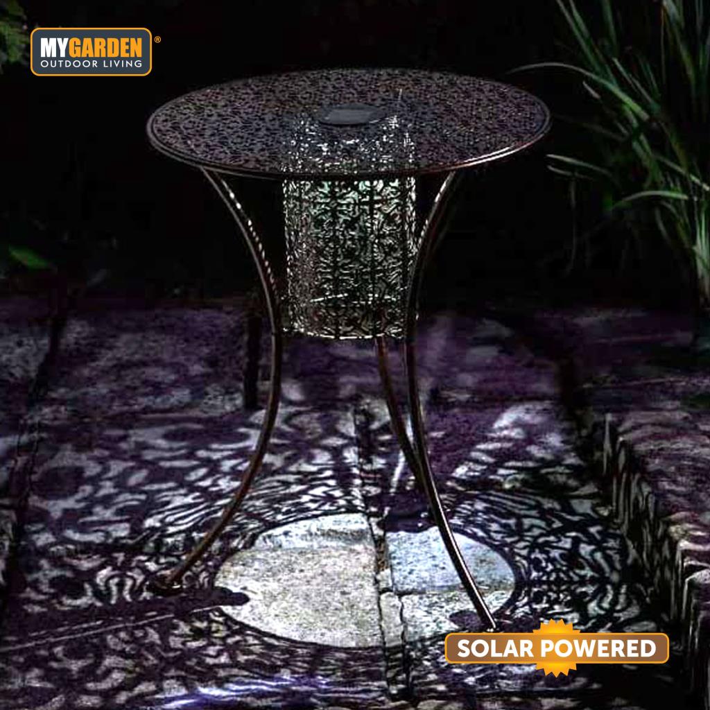 Metal Round Filigree Silhouette Garden Patio Bistro Table With Solar LED Lights