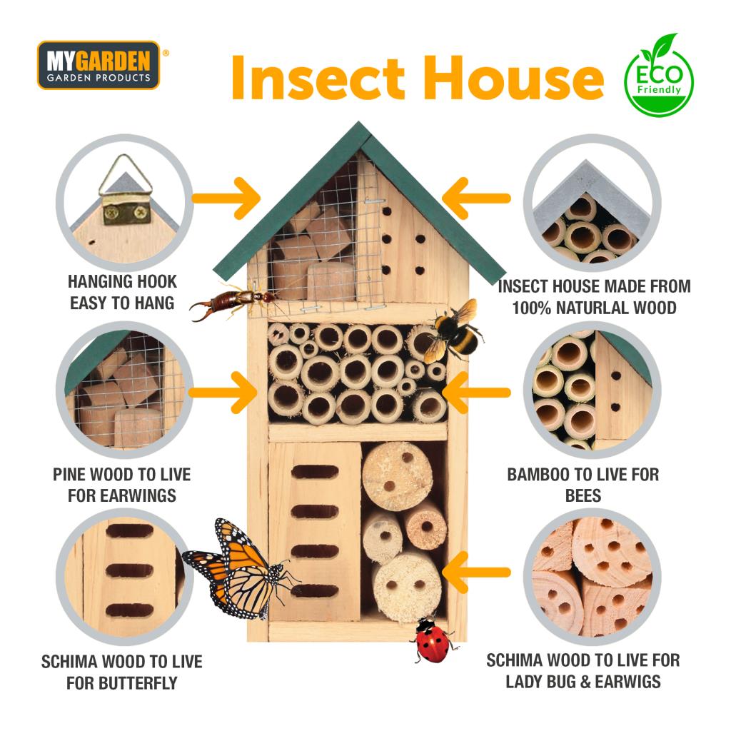 Wooden Insect House Wall Mounted Bug Hotel Natural Habitat Garden Shelter Bees