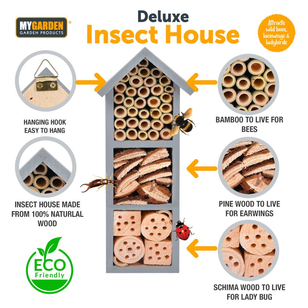 Wooden Insect House Wall Mounted Bug Hotel Natural Habitat Garden Shelter Bees