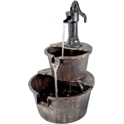 Fountain Water Pump Antique Wood Effect Barrels 2 Tier Patio Garden Decking