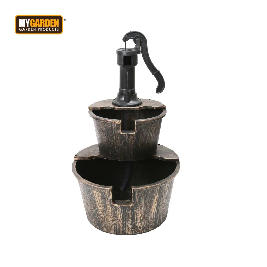 Fountain Water Pump Antique Wood Effect Barrels 2 Tier Patio Garden Decking