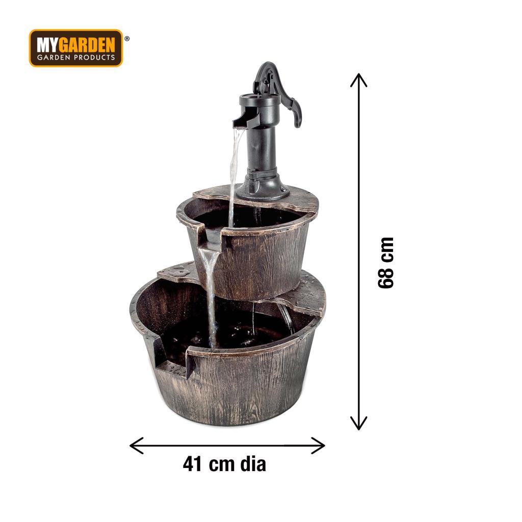 Fountain Water Pump Antique Wood Effect Barrels 2 Tier Patio Garden Decking