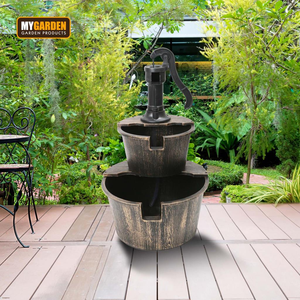 Fountain Water Pump Antique Wood Effect Barrels 2 Tier Patio Garden Decking