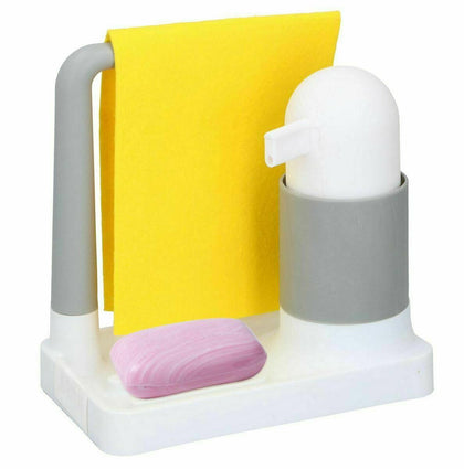 Kitchen Soap Dispenser with Sponge Holder Sink Organiser Non-Slip White & Grey