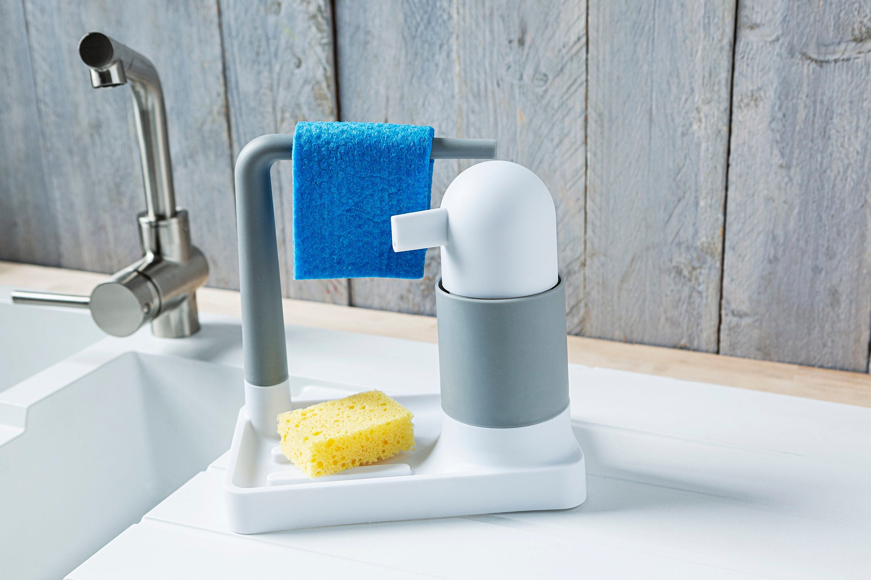 Kitchen Soap Dispenser with Sponge Holder Sink Organiser Non-Slip White & Grey