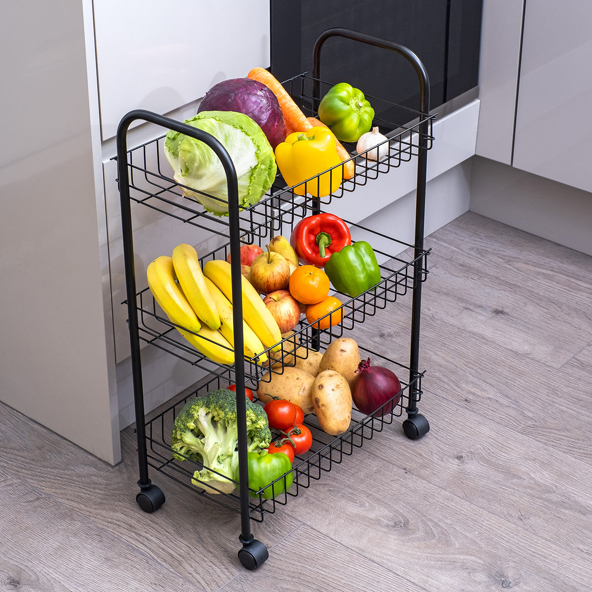 3 Tier Fruit Trolly Basket Rack Kitchen Storage Vegetable Cart Wheels Roller DIY