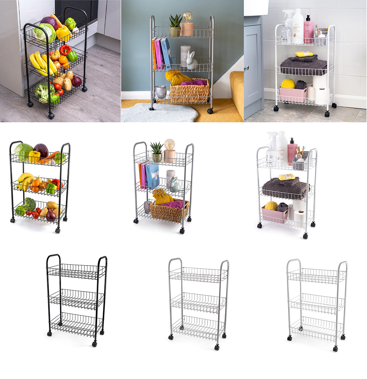 3 Tier Fruit Trolly Basket Rack Kitchen Storage Vegetable Cart Wheels Roller DIY