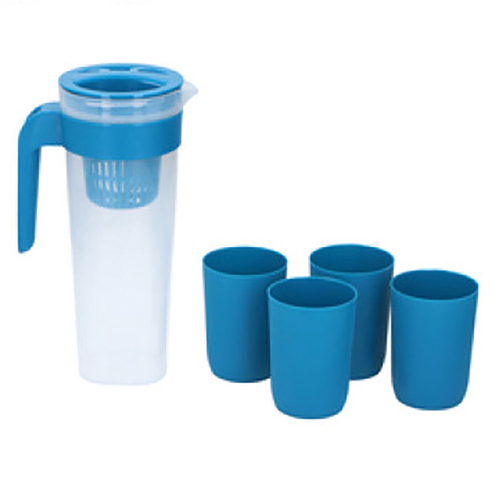 1L Plastic Jug W/ 4x Cups Bottle Pitcher Picnic Water Juice Fridge Camping Party