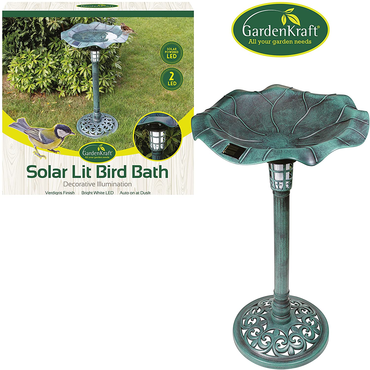 GardenKraft Clam Shell or Solar Lit Bird Bath With Stones or Base Planter Garden