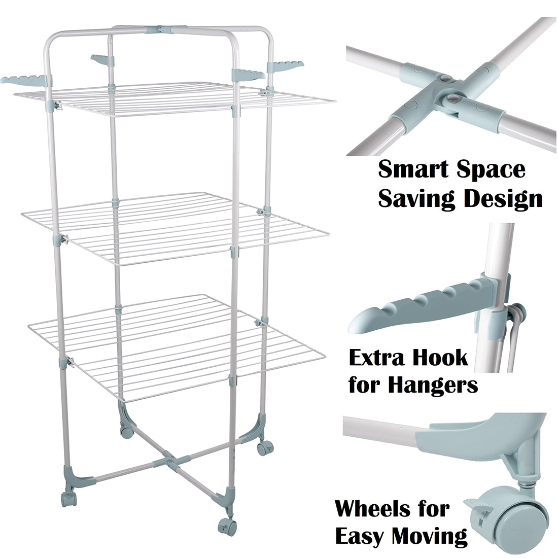 30M Clothes Airer Drying 3 Tier Rack Foldable Laundry Dryer Roller Wheeled Hook