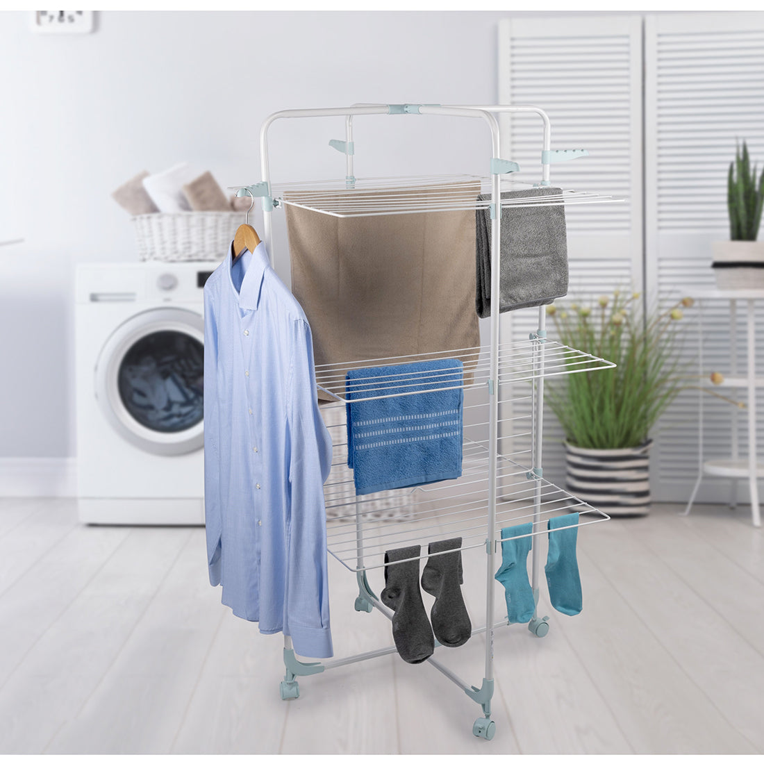 30M Clothes Airer Drying 3 Tier Rack Foldable Laundry Dryer Roller Wheeled Hook