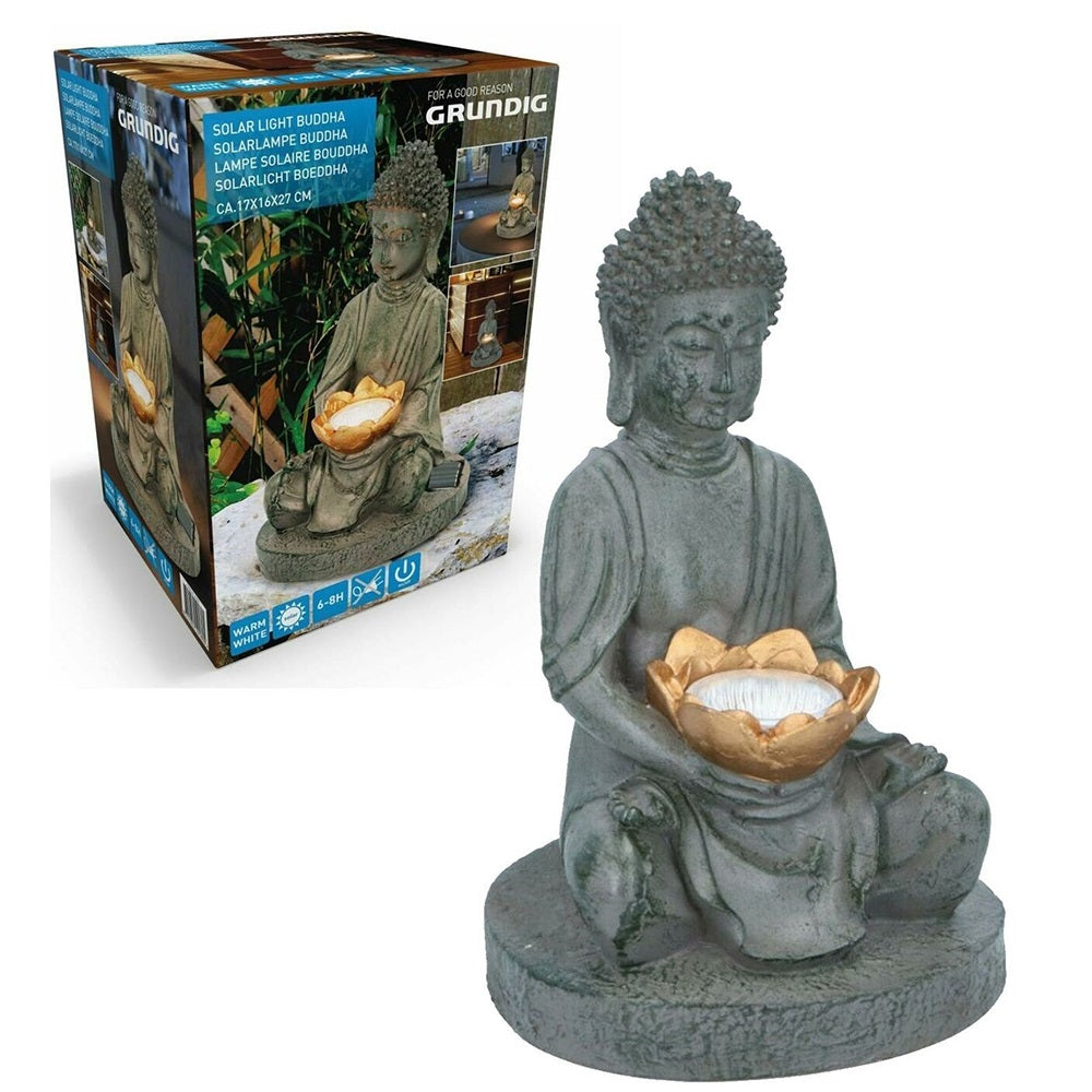 Garden Ornament Solar Powered Buddha Stone Effect Outdoor Statue LED Light 27cm