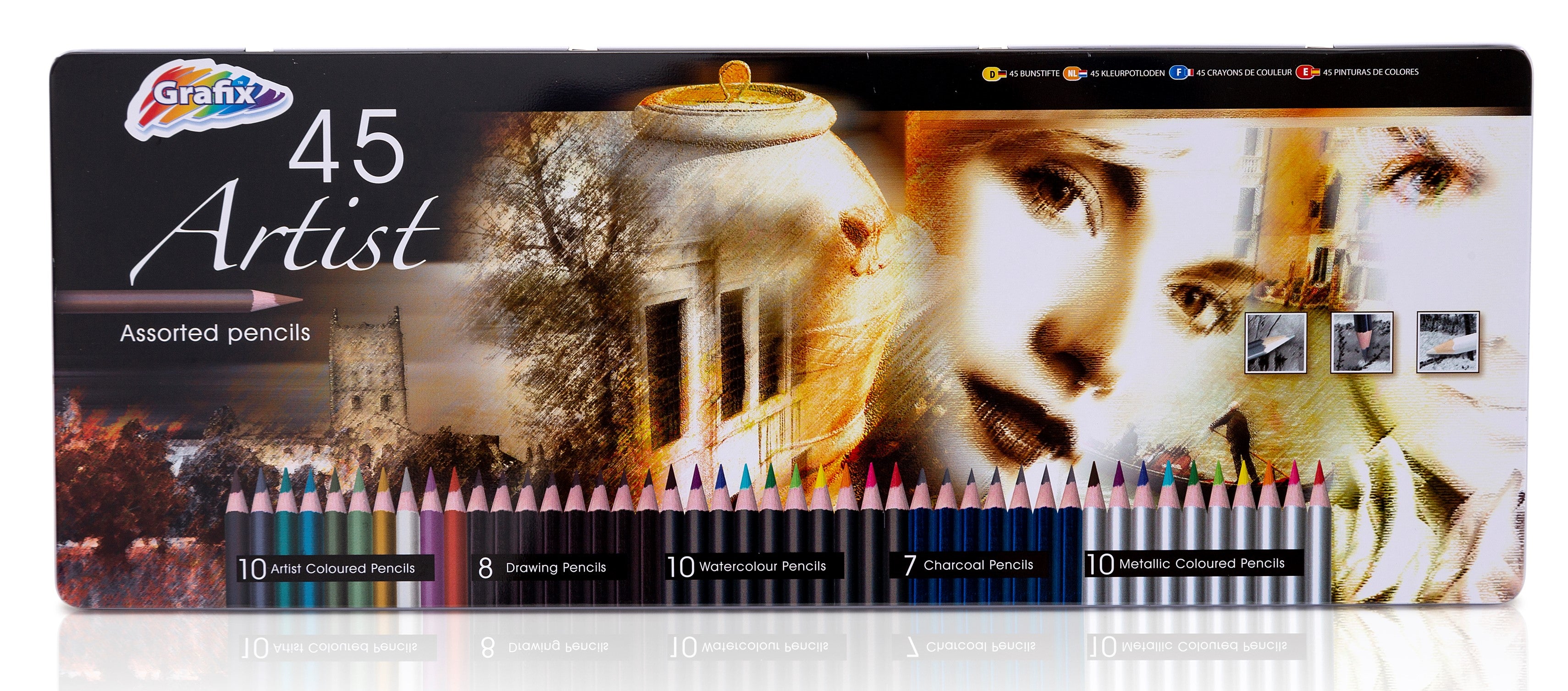 Artist's Coloured Pencils Pack of 45 With Presentation Metal Tin