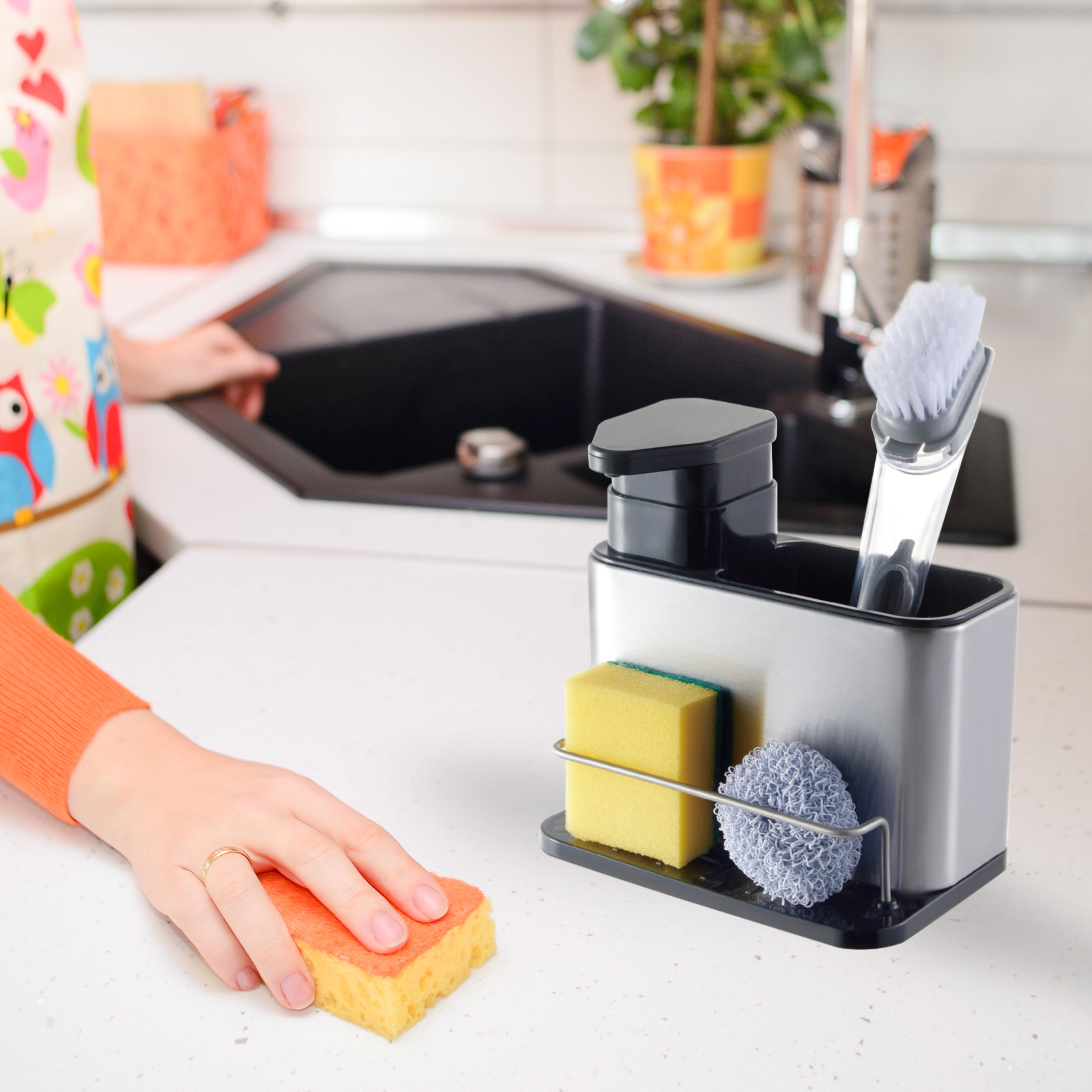 Stainless Steel Kitchen Sink Organiser Soap Dispenser Pump Sponge Brush Holder