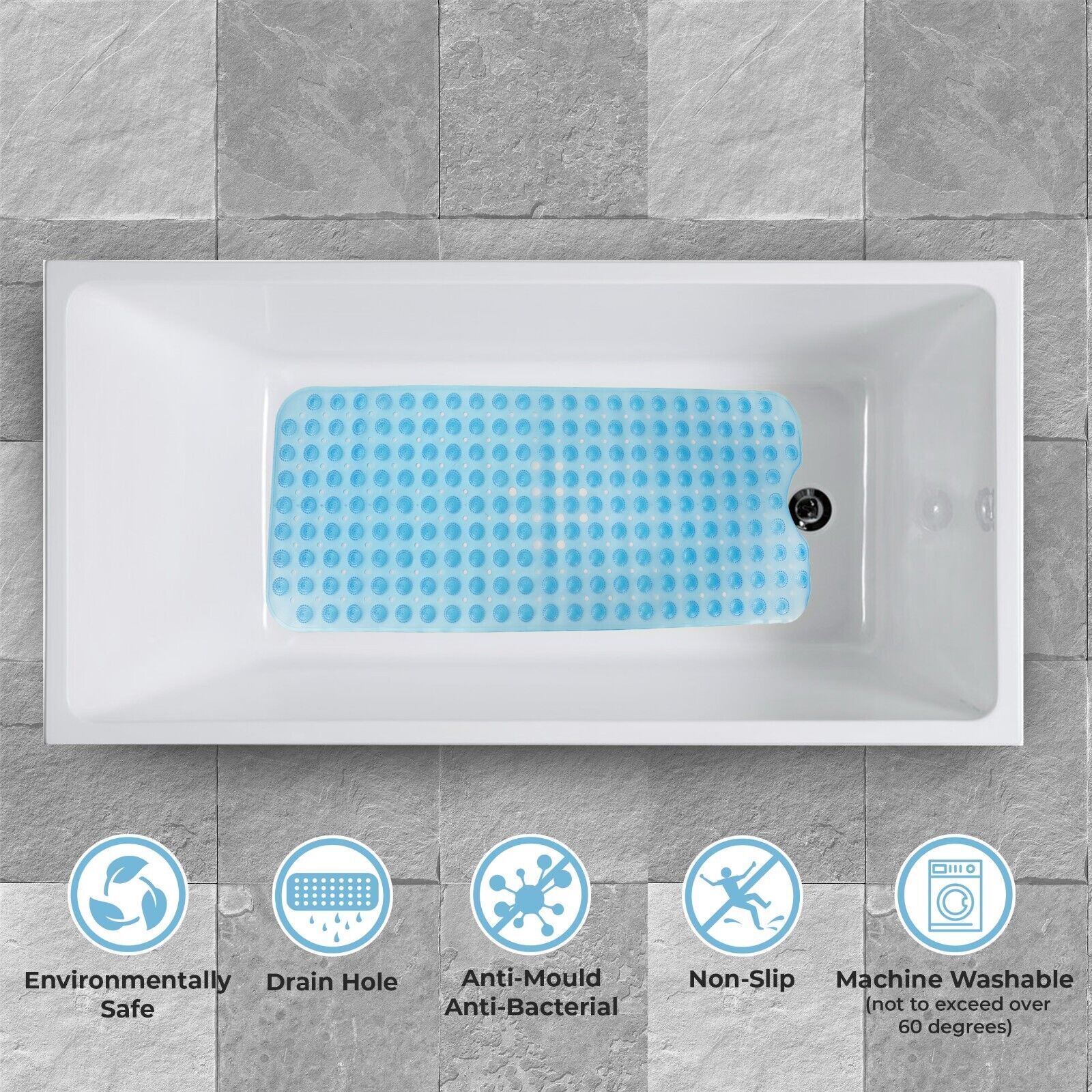 XLong Bath Shower Mat Anti Slip Non Slip Suction Cups Washable Bathroom 100x40cm