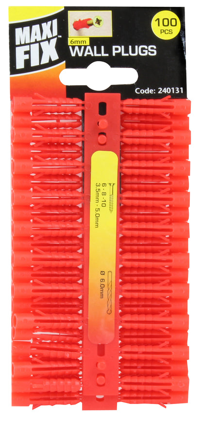 Maxifix 100Pc 6Mm Red Plastic Wall Plugs