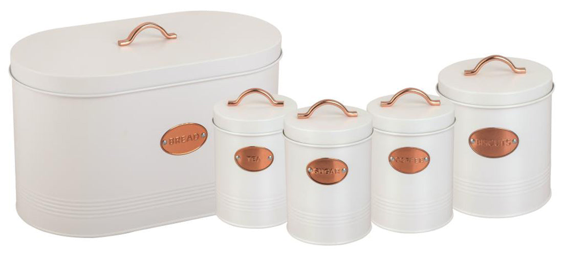 5 Piece Storage Kitchen Canister Set Tea Coffee Sugar Biscuit Tin Bread Bin Jars