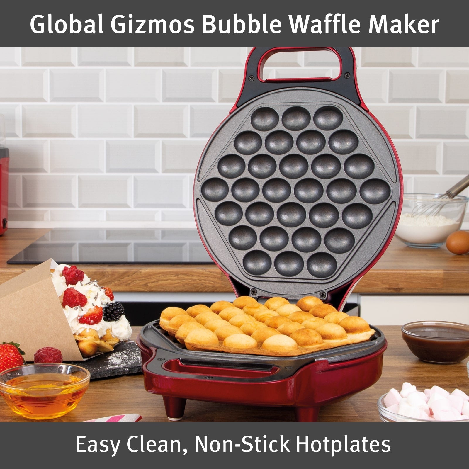 700W Non-Stick Bubble Waffle Maker Pan Egg Cake 180° Rotary System Metallic RED