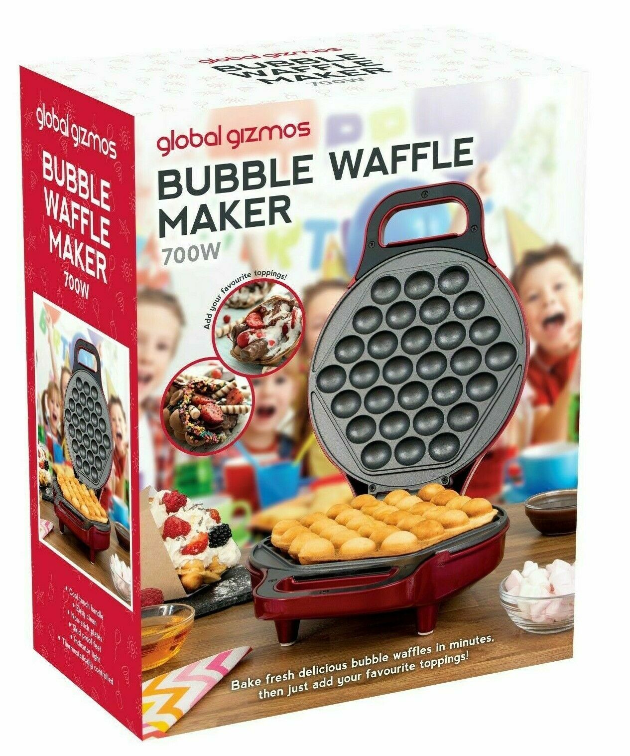 700W Non-Stick Bubble Waffle Maker Pan Egg Cake 180° Rotary System Metallic RED