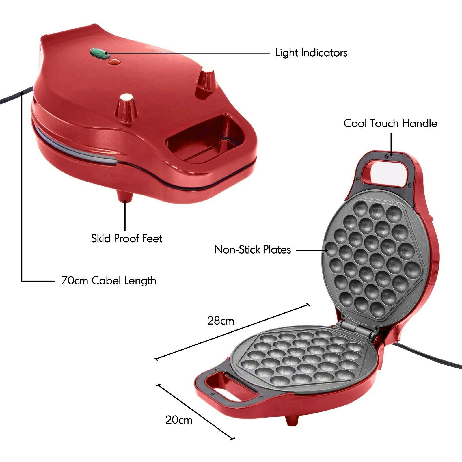 700W Non-Stick Bubble Waffle Maker Pan Egg Cake 180° Rotary System Metallic RED