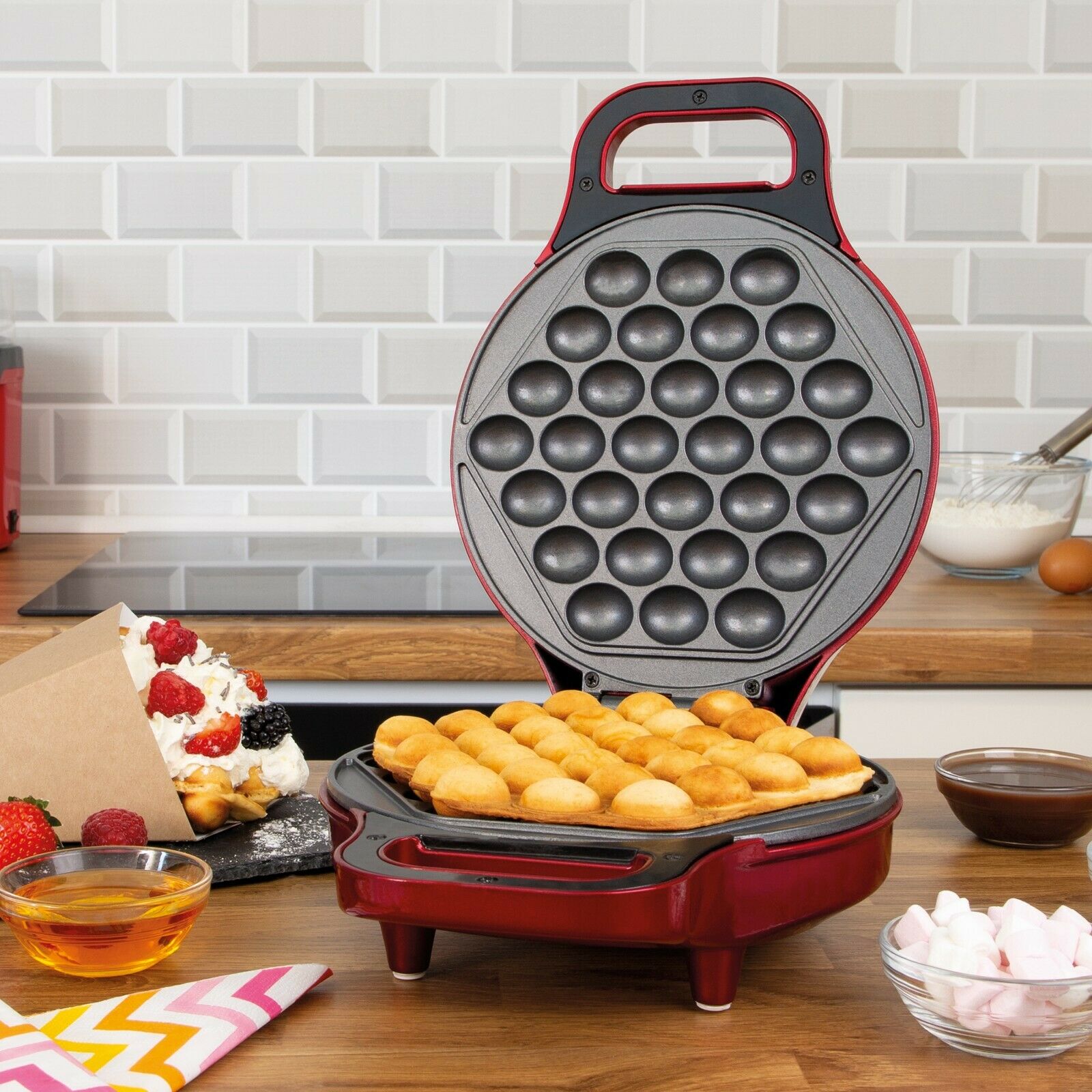 700W Non-Stick Bubble Waffle Maker Pan Egg Cake 180° Rotary System Metallic RED