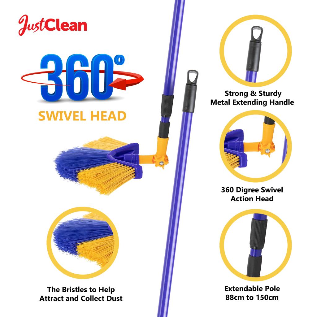 Telescopic Floor Sweeper Brush with 360 Swivel Head Also Sweeps Corners Cobwebs
