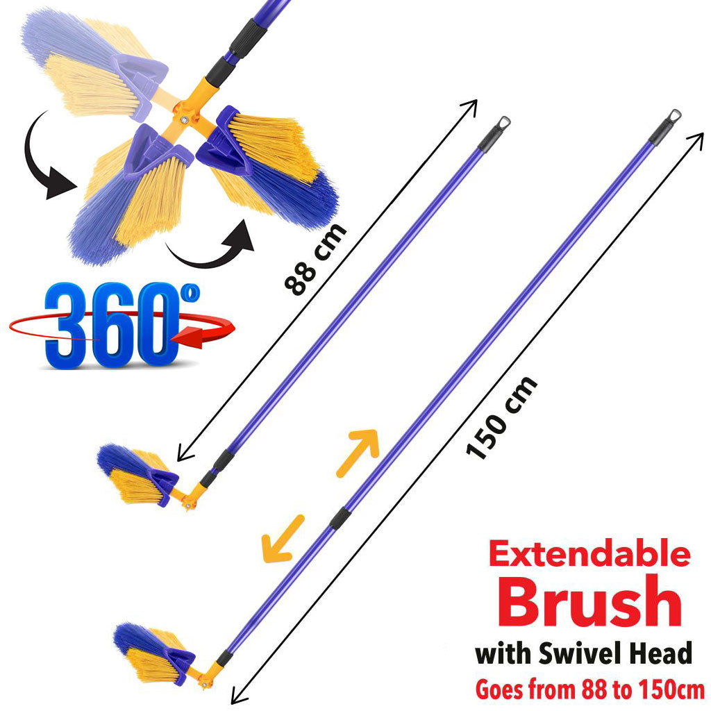 Telescopic Floor Sweeper Brush with 360 Swivel Head Also Sweeps Corners Cobwebs