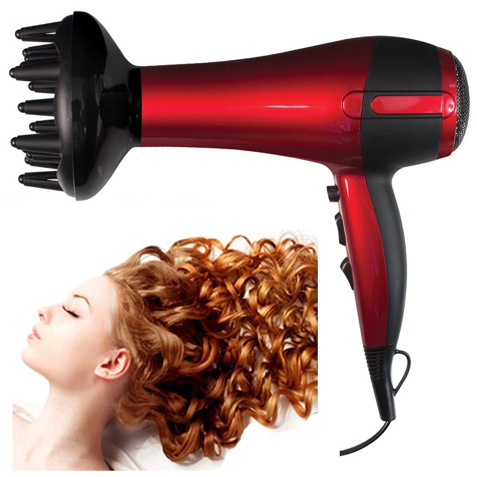2200W Red Hot Professional Style Hair Dryer w/ Diffuser & Nozzle Salon StylerPro