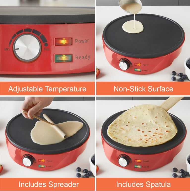 1000W Pancake & Crepe Maker Non Stick Temperature Control Spreader Spatula 30cm